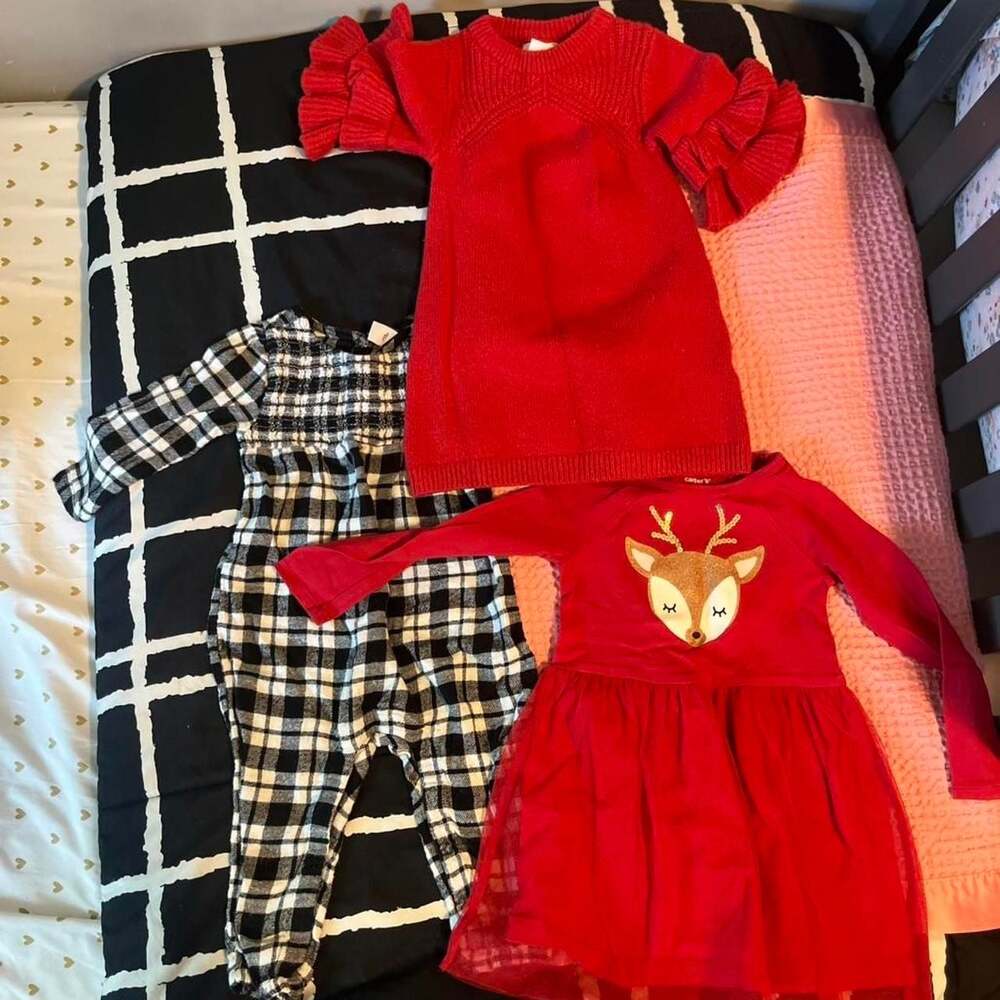 Baby Girl Holiday Outfit Bundle 18-24M Red Sweater Dress & Plaid Romper